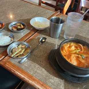 kimchi jjigae and sides