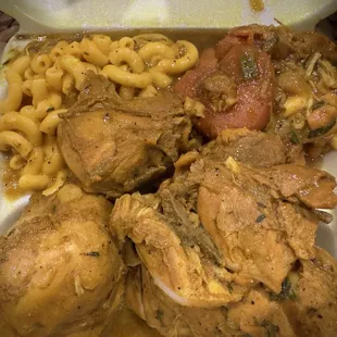 Curry chicken, mac n cheese, Candied Yams