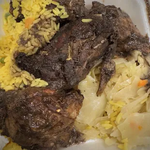 Jerk chicken, rice and peas, cabbage
