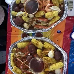 Corn, shrimp, sausage, eggs, potatoes, snow crab legs