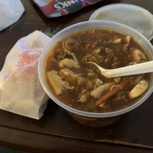 Pint of hot and sour soup with those crispy noodle things