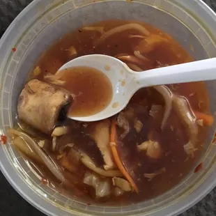 Hot and sour soup- it's spicy and yummy. I get it every time I have a cold to clear my sinuses.