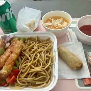 SH1. Sweet and Sour Shrimp lunch special... Comes with your choice of noodles or rice, an egg roll, egg drop soup, and a drink.