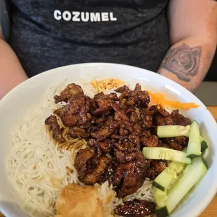 Pork vermicelli with eggroll.