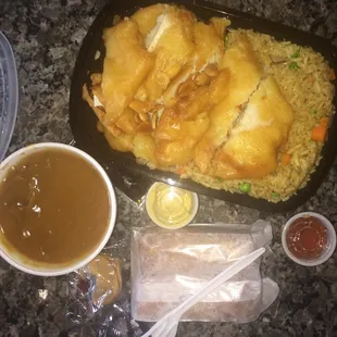 Almond chicken with an extra egg roll