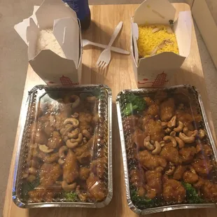 Orange chicken with fried and white rice