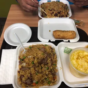Beef and pork fried rice with egg drop soup and egg roll.