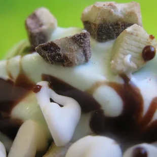 Mint flavor with mint chip, yogurt chip, and chocolate syrup.