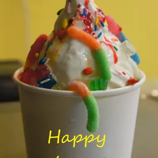 Great yogurt at a great price. This one is vanilla bean with gummy toppings, sprinkles, and strawberry sauce.