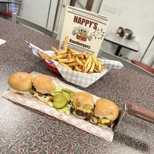 Cheeseburger sliders and a massive basket of fries!