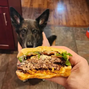 A couple bites into the blue cheese bacon burger, make it a double.