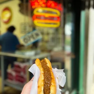 a hand holding a hot dog