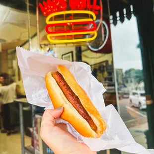 a hand holding a hot dog