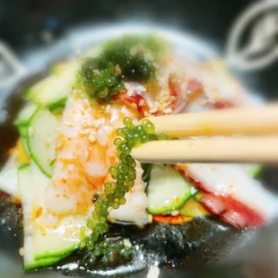 Sea grapes seaweed in the Sunomono salad. My first time trying this seaweed. Refreshing.