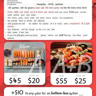 sushi and sashimi, menu