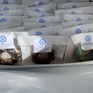 Mochi donuts, individually wrapped for kids birthday celebration at school.  Flavors:  Oreo, chocolate, Cookie Monster, matcha, sugar