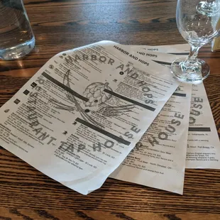The drink menu, printed front and back