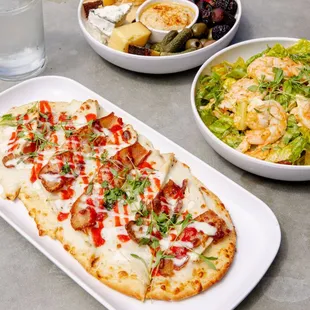 Cheese &amp; Hummus Share Plate, Gulf Shrimp Salad, Bacon &amp; Chicken Flatbread
