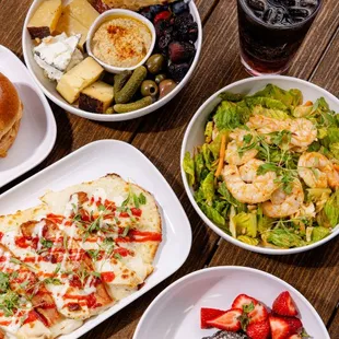 Cheese &amp; Hummus Share Plate, Gulf Shrimp Salad, Bacon &amp; Chicken Flatbread, Molten Chocolate Lava Cake