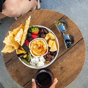 Vegetarian Cheese &amp; Hummus Share Plate - Barely buzzed, humboldt fog, vela dry jack, house-made hummus, olives, quince, lavash, pickles