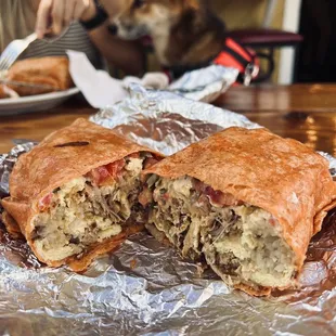 Delicious Breakfast burrito with added Carnitas.
