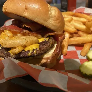 a cheeseburger and fries
