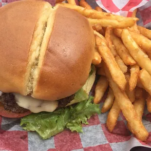 Avocado burger with French fries