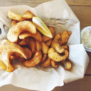 Walleye Bites with Sidewinder Fries and Coleslaw