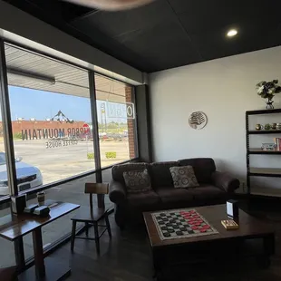 Where I sat near the sofa and window.