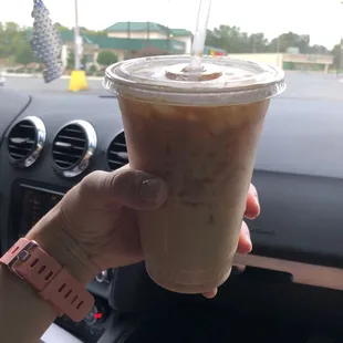 Iced coffee with soy milk and English toffee flavor