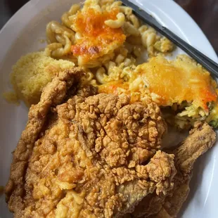 Pork chops, Mac and cheese, broccoli casserole