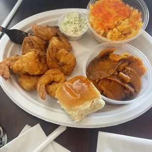 Fried Shrimp Mac n cheese and yams