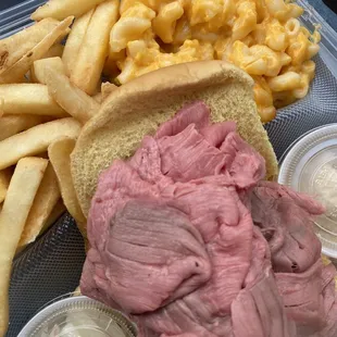 Pit Beef platter. Perfectly cooked fresh hot fries and creamy mac &amp; cheese.