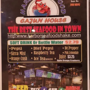 Soda (Pepsi products), tea, Lemonade, juice, and the 2 for 1 beer offer is mentioned.