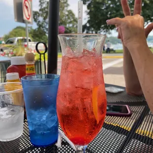 a red, white and blue drink