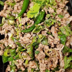 Beef larb.  It was good, but something was missing.  I had to order it mild (because of my kids).  Maybe the extra heat would have helped.