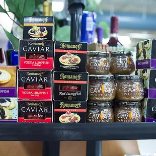 a display of caviar products