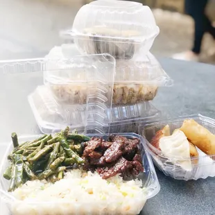 Harborview Go | Weekday Specials for Lunch Take-out | Fried rice with Harborview Beef and Sautéed Green Beans, Egg Rolls and Potstickers.