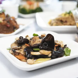 Mixed Vegetables with Mushrooms. A vegetarian dish featuring sautéed mushroom medley with season vegetables &amp; lily root.
