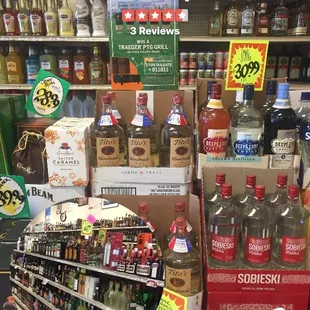 shelves of liquor in a store