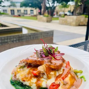 Lunch special - Achiote chicken breast stuffed with jack cheese and onions, served on a bed of creamy whipped potatoes and sautéed spinach,
