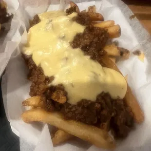 Sloppy fries with queso