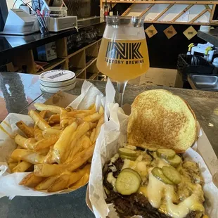 Hard Pressed Burger, HBP beer cheese fries, Ink Factory Brewing beer