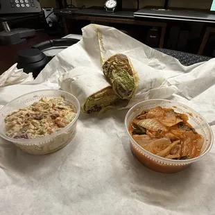 Old Bay Potato salad (left), Chopped Cheese (center), House Kimchi (right)