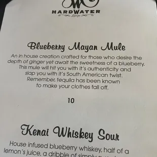 menu for blueberry mayan mule