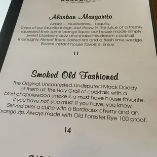 a menu for a smoked old fashioned cocktail