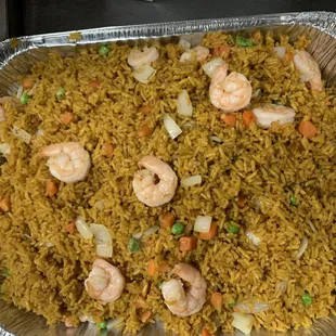 Pan of shrimp fried rice
