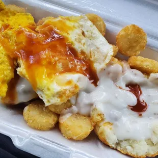 Biscuits and gravy add egg and hot sauce!