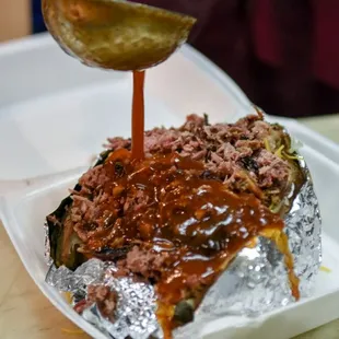 Bake potato with chopped beef