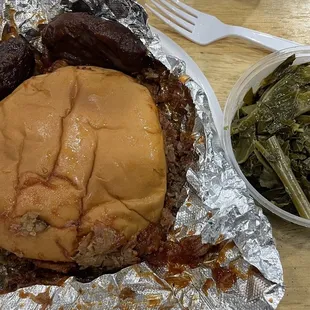 3 East Texas hot links, a large chopped beef sandwich and some greens